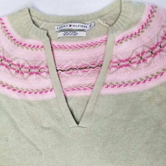 Y2K Tommy Hilfiger Nordic Fair Isle V Neck Sweater Green Pink Small Angora - Picture 5 of 10